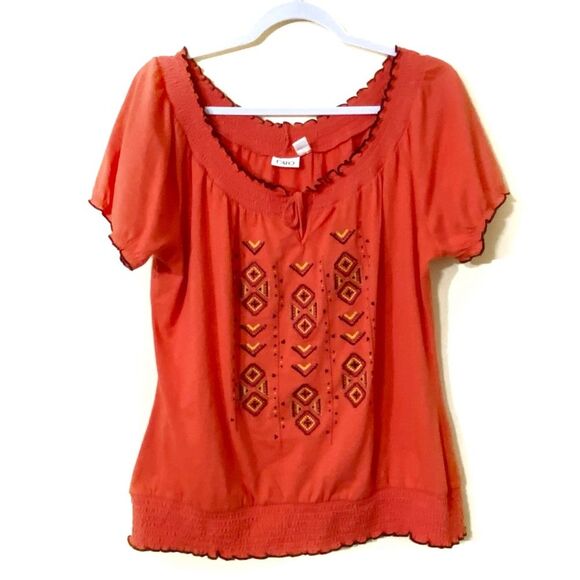 Cato Tops - Cato Embroidered Smocked Red Top Large
